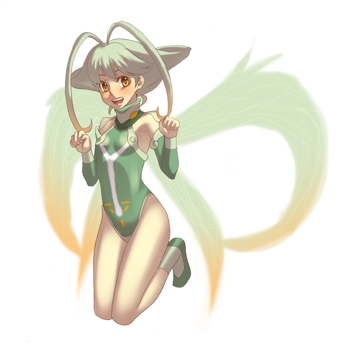 ar_tonelico ar_tonelico_ii bodysuit curly_hair detached_sleeves fairy_wings frelia green_hair grin gust open_mouth short_hair simple_background skin_tight smile solo terumii wings yellow_eyes