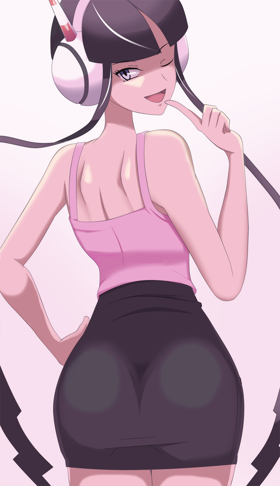 1girl ass ass_focus black_hair black_skirt blouse colored_skin elesa_(pokemon) eyebrows_visible_through_hair facing_away finger_to_mouth highres looking_at_viewer looking_back one_eye_closed pink_blouse pokemon pokemon_(game) pokemon_bw pokemon_bw2 simple_background skirt vivivoovoo white_background white_skin wink