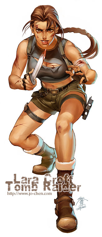 bandage belt blood boots braid brown_eyes brown_hair female injury jo_chen knife lara_croft long_hair midriff shorts single_braid solo tanktop tomb_raider torn_clothes