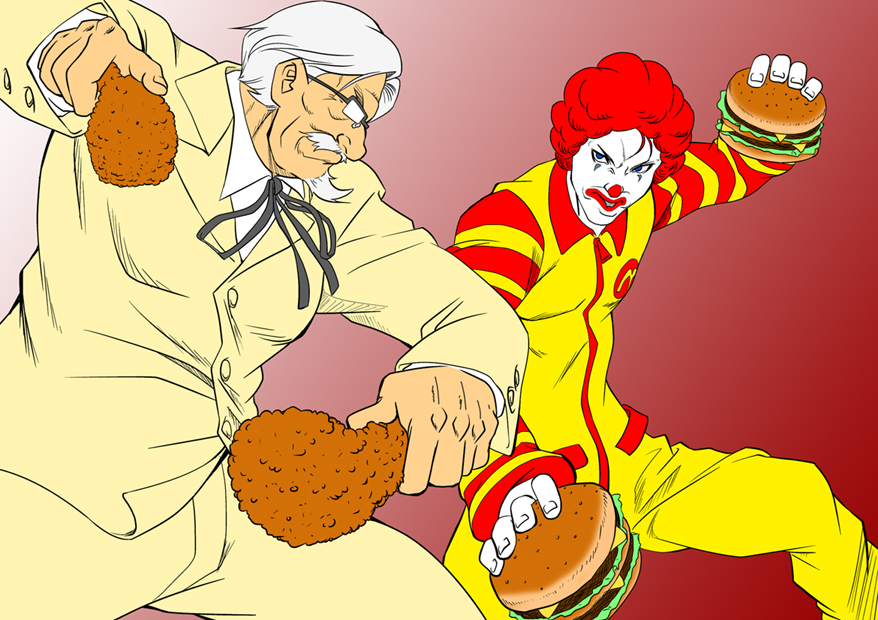 afro angry battle blue_eyes bouzu_oyaji burgers chicken chicken_(food) clown colonel_sanders dual_wielding epic face_paint facepaint facial_hair fighting_stance food food_fight formal fried_chicken glasses goatee hamburger jumpsuit kfc kfc_(company) male mcdonald's mcdonald's multiple_boys old_man parody red_hair redhead ronald_mcdonald stance string_tie suit white_hair