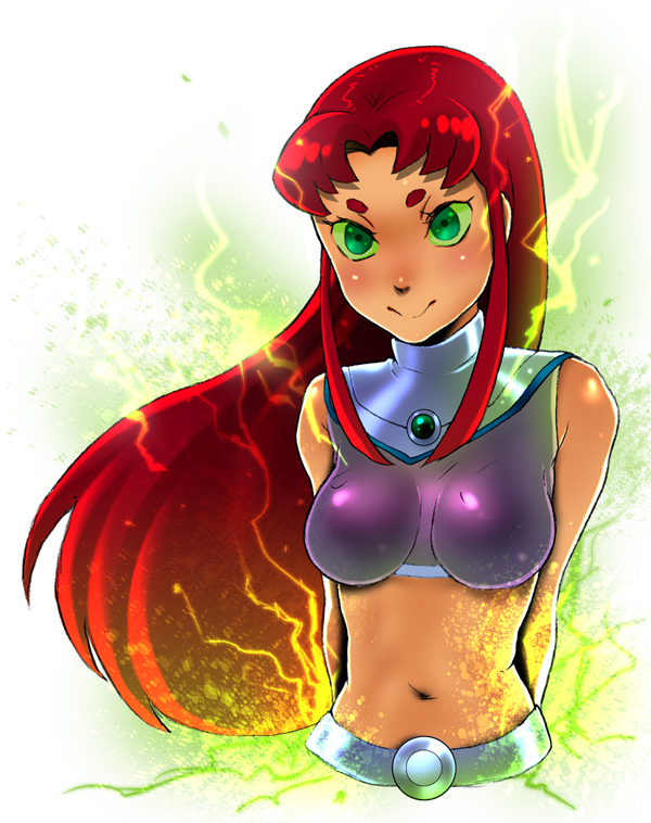 arms_behind arms_behind_back breasts cleavage dc_comics female green_eyes hati long_hair midriff navel red_hair redhead solo starfire tamktop teen_titans