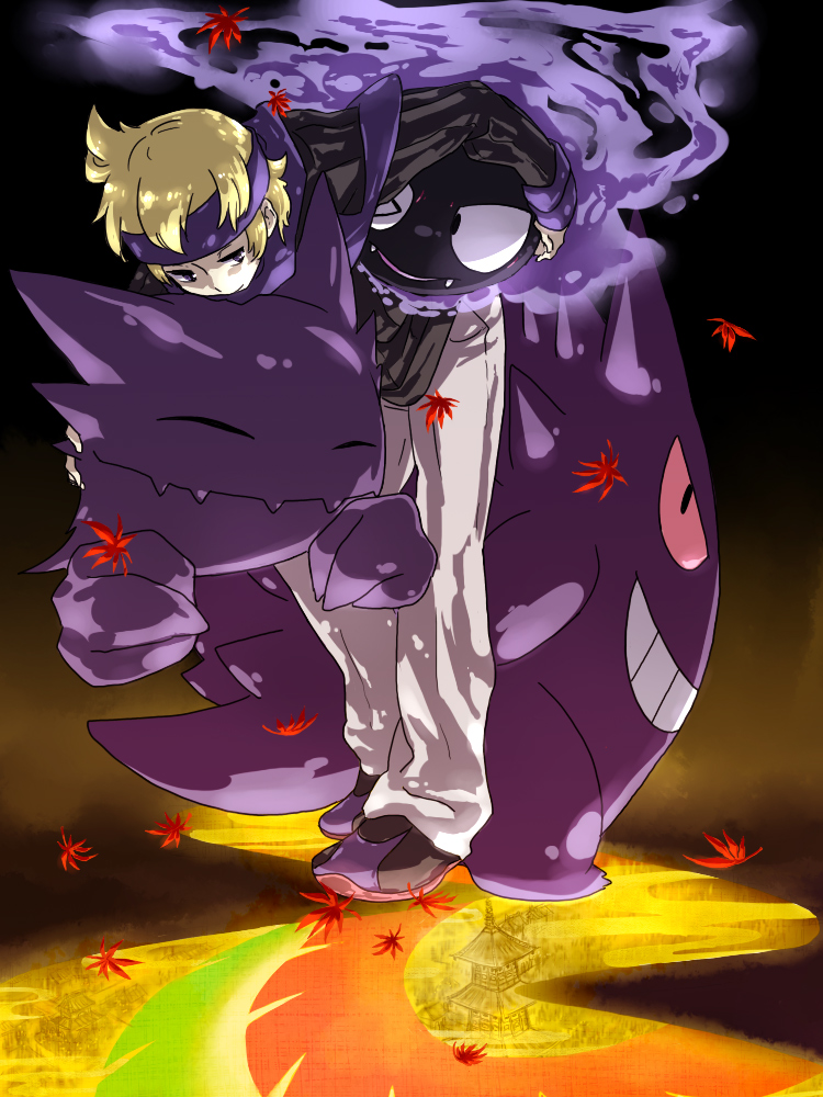 1boy blonde_hair c_kihara gastly gengar ghost haunter headband matsuba_(pokemon) nintendo pokemon pokemon_(creature) smoke