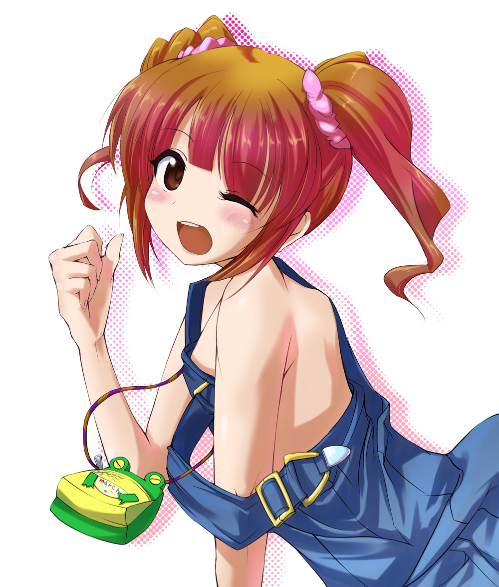 ;d bag brown_eyes brown_hair colored idolmaster long_hair naked_overalls oofuji_wataru open_mouth overalls purse short_hair smile solo strap_slip takatsuki_yayoi thumbs_up twintails wink yosuke