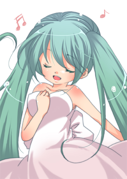 aqua_hair closed_eyes dress hand_on_chest hand_on_own_chest hatsune_miku long_hair musical_note ryuuga_sazanami simple_background solo twintails vocaloid