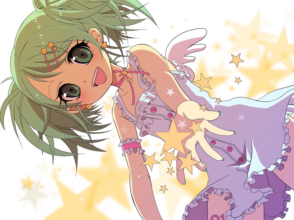 choker dress earrings from_below green_eyes green_hair hair_ornament hair_ribbon hairclip hatsune_miku hiiro_(kikokico) jewelry looking_down outstretched_arm outstretched_hand reaching ribbon smile solo star twintails vocaloid wings