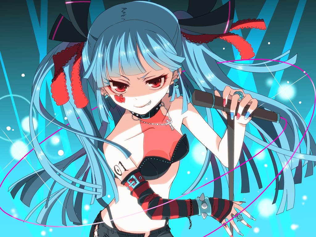 blue_hair bracelet casual collar earrings elbow_gloves fashion gloves grin hair_ribbon hatsune_miku hiiro_(kikokico) hime_cut jewelry long_hair microphone microphone_stand necklace red_eyes ribbon ring smile smirk solo spiked_bracelet spikes striped twintails vocaloid