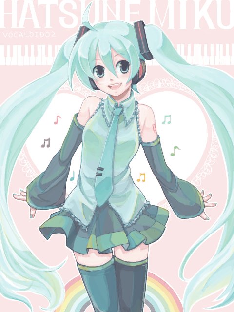 325 ahoge blue_eyes blue_hair detached_sleeves hatsune_miku heart long_hair musical_note necktie rainbow skirt smile solo thigh-highs thighhighs twintails very_long_hair vocaloid