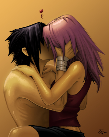 1girl bare_shoulders black_hair couple haruno_sakura heart kiss long_hair naruto pink_hair shiny shiny_skin uchiha_sasuke