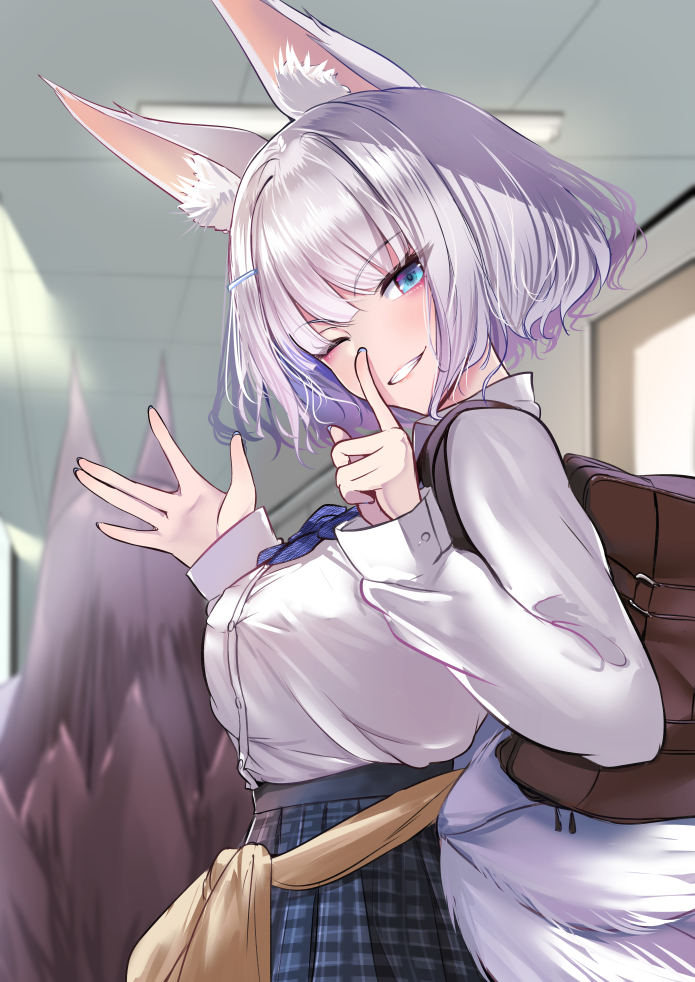 2girls animal_ear_fluff animal_ears azur_lane bangs black_hair blue_bow blue_eyes blue_skirt bow brown_bag brown_sweater carrying_bag carrying_over_shoulder character_request clothes_around_waist collared_shirt commentary_request dress_shirt eyebrows_visible_through_hair finger_to_mouth fox_ears fox_tail from_behind from_side hair_ornament hairclip hands_up index_finger_raised indoors kaga_(azur_lane) long_hair long_sleeves looking_at_viewer looking_to_the_side multiple_girls multiple_tails one_eye_closed pleated_skirt school_uniform schreibe_shura shirt shirt_tucked_in short_hair skirt sleeves_past_wrists smile solo_focus sweater sweater_around_waist sweater_removed tail white_hair white_shirt