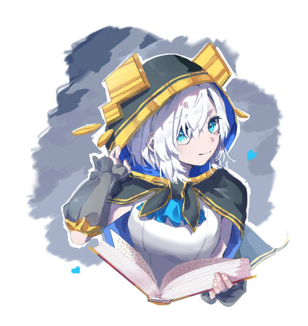 1girl ars_almal black_capelet blue_eyes book breasts capelet cropped_torso detached_sleeves eyebrows_visible_through_hair hair_behind_ear hayami_yura head_tilt holding holding_book hood hood_up hooded_capelet looking_at_viewer medium_breasts nijisanji open_book short_hair smile solo upper_body virtual_youtuber white_hair