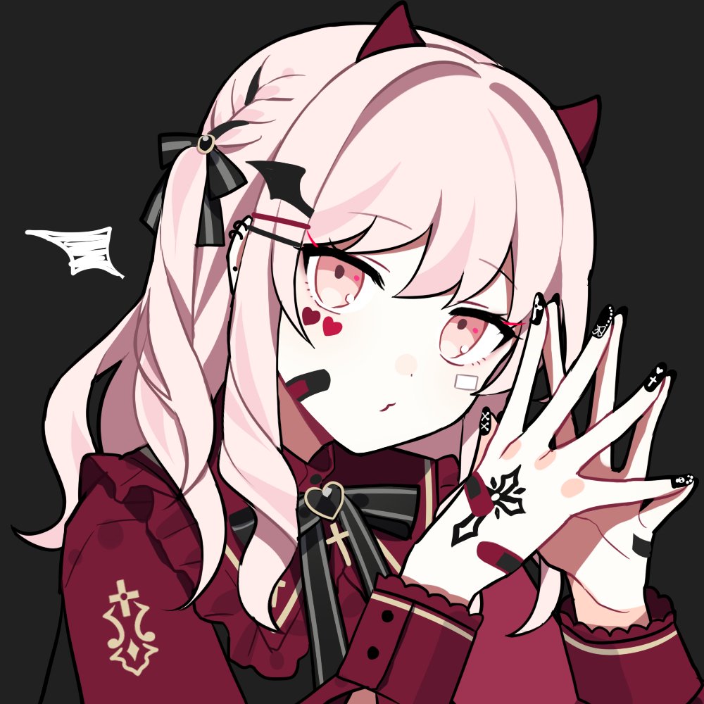1other akiyama_mizuki bandaid bandaid_on_face bandaid_on_hand bangs bat_hair_ornament black_background black_nails black_ribbon braid cross_print demon_horns demon_wings drawn_wings ear_piercing facial_tattoo fake_horns fingers_together hair_ornament hair_ribbon hand_tattoo heart heart_tattoo horns long_sleeves nail_art neck_ribbon o3o other_focus piercing pink_eyes pink_hair portrait project_sekai puffy_long_sleeves puffy_sleeves red_shirt ribbon ribbon_braid shirt sidelocks sleeve_cuffs solo tattoo two_side_up upper_body waka_(wk4444) wing_hair_ornament wings