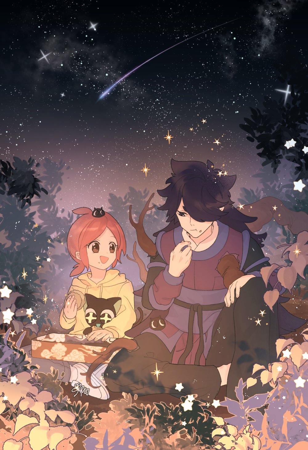 1girl 2boys black_hair black_pants drawstring eating fengxi_(the_legend_of_luoxiaohei) food food_on_face hair_over_one_eye heixiu highres hood hood_down hoodie knee_up leaf long_sleeves luoxiaobai luoxiaohei multiple_boys night night_sky open_mouth outdoors pants pink_hair plant pointy_ears shoes shooting_star sky smile star_(sky) star_(symbol) starry_sky the_legend_of_luo_xiaohei tree white_footwear xi_yuu yellow_hoodie