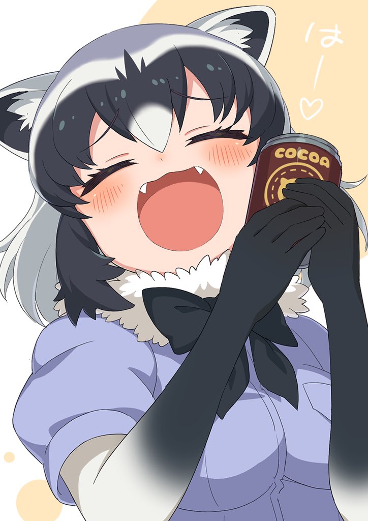 1boy animal_ears black_bow black_bowtie blue_sweater blush bow bowtie can closed_eyes common_raccoon_(kemono_friends) elbow_gloves eyebrows_visible_through_hair fangs fur_collar furrowed_brow gloves grey_gloves grey_hair happy kamuraaa_615 kemono_friends medium_hair multicolored_clothes multicolored_gloves multicolored_hair open_mouth puffy_short_sleeves puffy_sleeves raccoon_ears raccoon_girl short_hair short_sleeves solo sweater translation_request