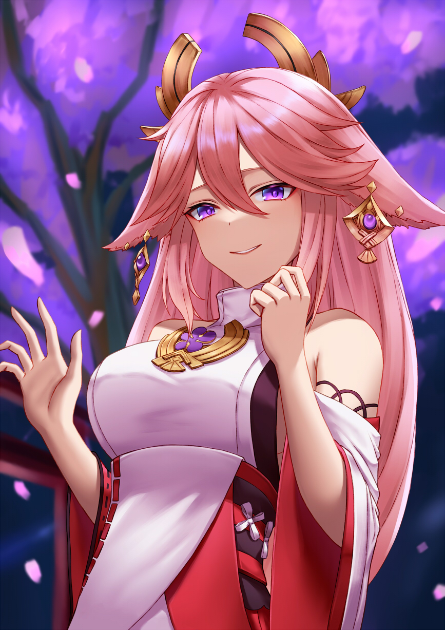 1girl animal_ears arm_up bangs bare_shoulders breasts eyebrows_visible_through_hair genshin_impact hair_ornament highres japanese_clothes long_hair looking_at_viewer medium_breasts miko naga_(pixiv70891418) parted_lips pink_hair simple_background smile solo upper_body violet_eyes yae_miko