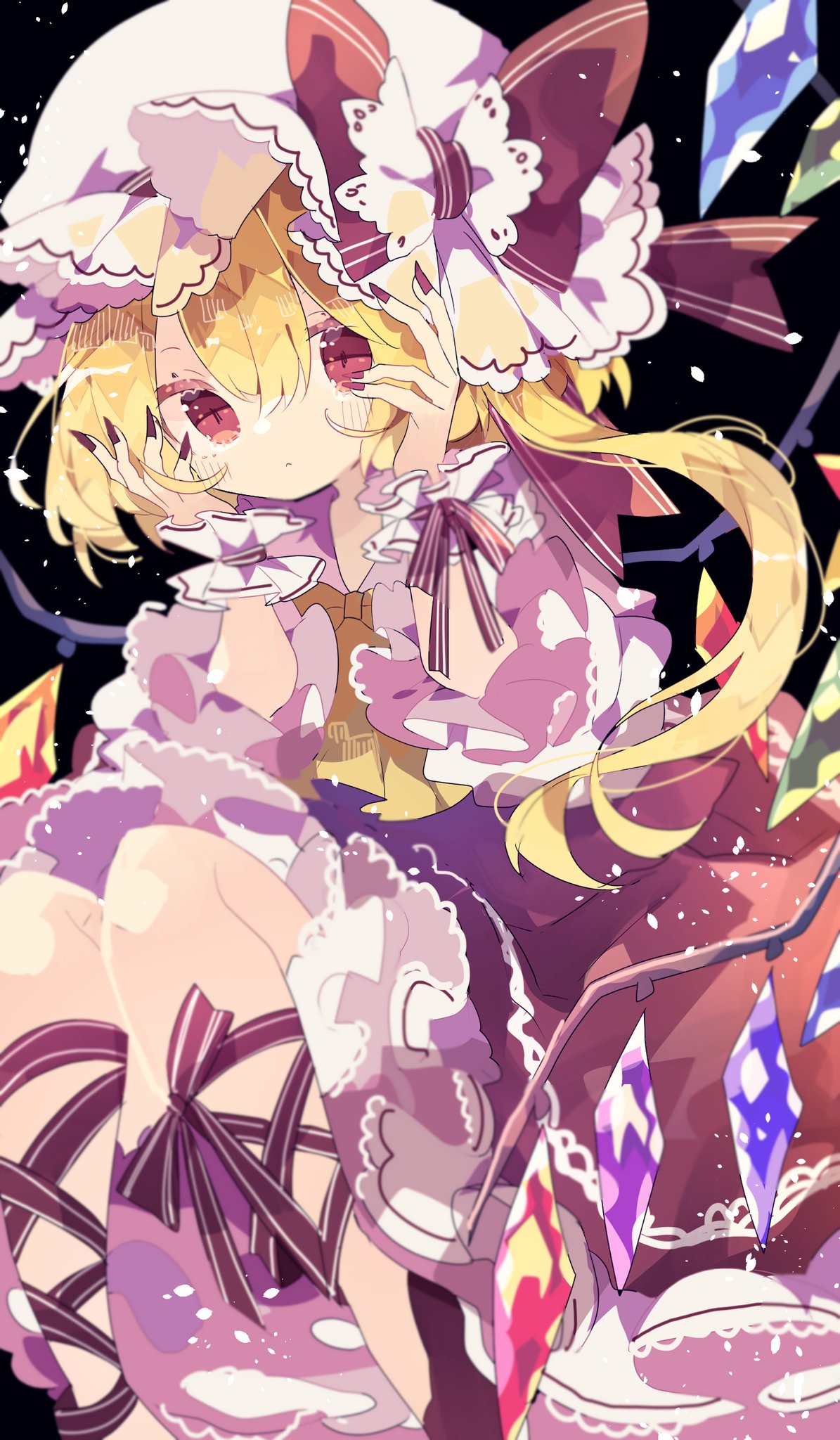 1girl ascot black_background blonde_hair blush bow closed_mouth commentary cross-laced_clothes cross-laced_legwear crystal eyebrows_behind_hair feet_out_of_frame fingernails flandre_scarlet frilled_shirt_collar frills hair_between_eyes hands_on_own_cheeks hands_on_own_face hands_up hat hat_bow highres knees_up lace leg_ribbon long_hair long_sleeves looking_at_viewer mob_cap nail_polish nikorashi-ka red_bow red_eyes red_nails red_ribbon red_skirt ribbon shirt side_ponytail simple_background skirt solo touhou white_headwear white_shirt wings wrist_cuffs yellow_ascot
