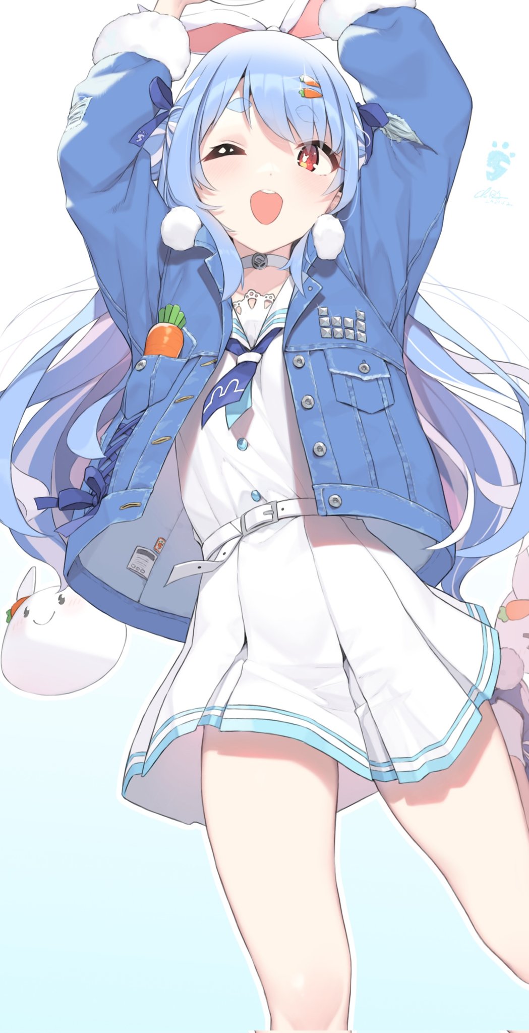 ;d arms_up belt blue_background blue_hair blue_jacket bunny-shaped_pupils choker cloba commentary_request dress gradient gradient_background highres hololive jacket long_hair looking_at_viewer one_eye_closed red_eyes round_teeth smile symbol-shaped_pupils teeth upper_teeth usada_pekora virtual_youtuber white_belt white_choker white_dress