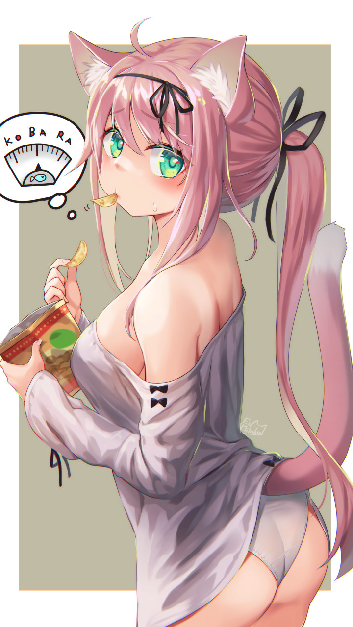1girl ahoge animal_ears artist_name ass bangs bare_shoulders black_ribbon blush breasts cat_ears cat_girl cat_tail chips_(food) commentary cowboy_shot eating food food_in_mouth from_behind green_eyes grey_background grey_panties grey_shirt hair_ribbon highres holding holding_food long_hair looking_at_viewer looking_back medium_breasts mitake_eil motion_lines mouth_hold off-shoulder_shirt off_shoulder original outside_border panties pink_hair ponytail potato_chips ribbon shirt sidelocks signature solo standing sweatdrop tail thought_bubble underwear weight_conscious