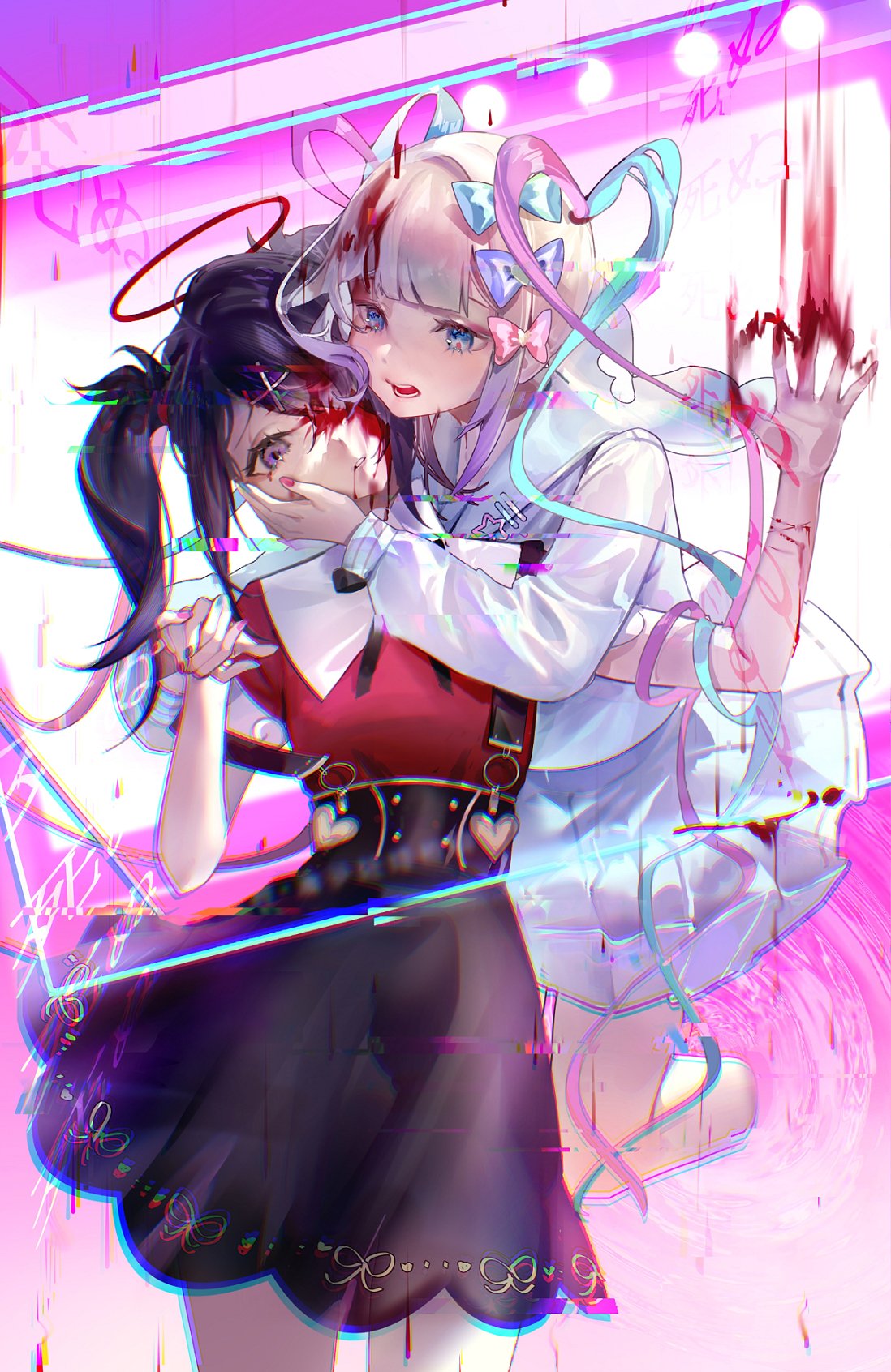 2girls ame-chan_(needy_girl_overdose) black_eyes black_hair black_nails black_ribbon blood blood_in_hair blood_on_face blood_stain blue_hair blue_nails bow chouzetsusaikawa_tenshi-chan cowboy_shot cropped_legs dual_persona expressionless glitch hair_bow hair_ornament halo hand_on_another's_face heart highres holding_hands holographic_clothing injury long_hair looking_at_another medium_hair multicolored_hair multicolored_nails multiple_girls multiple_hair_bows nail_polish neck_ribbon needy_girl_overdose open_mouth oz-xy parted_lips pin pink_hair pink_nails pleated_skirt quad_tails red_nails ribbon sailor_collar school_uniform serafuku silver_hair skirt slit_wrist suspender_skirt suspenders suspenders_slip twintails very_long_hair x_hair_ornament