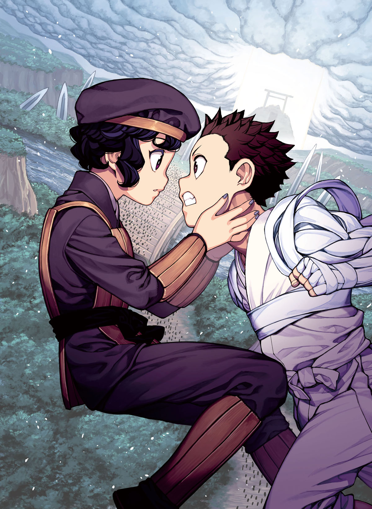 1boy 1girl armor bandaged_arm bandages black_hair brown_eyes brown_hair clenched_hand clenched_teeth clouds cloudy_sky commentary_request eye_contact face-to-face hamada_yoshikazu hands_on_another's_cheeks hands_on_another's_face hat highres kagami_kazuya looking_at_another official_art pants shin_guards sky spiky_hair teeth torii tsugumomo wrist_guards