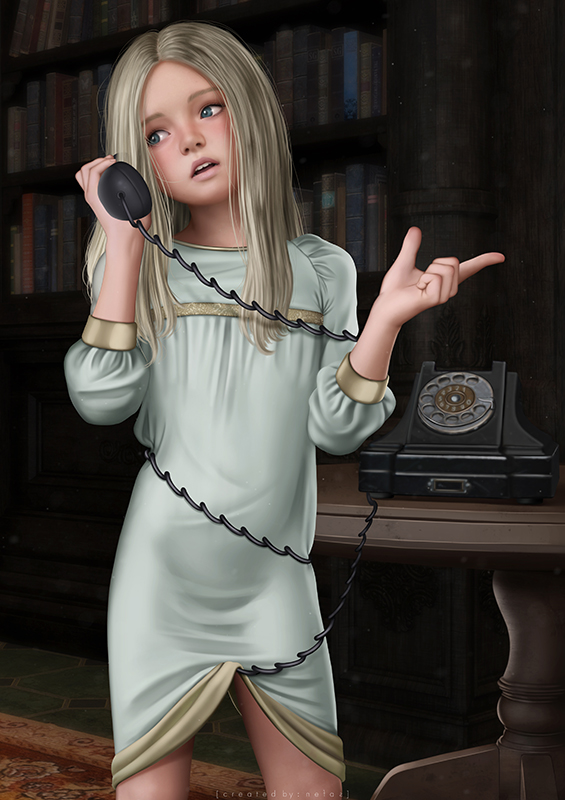 1girl blonde_hair blue_dress blue_eyes book bookshelf cable character_request child corded_phone dress holding holding_phone indoors long_hair nefrubi phantom_project phone realistic rotary_phone solo table talking_on_phone