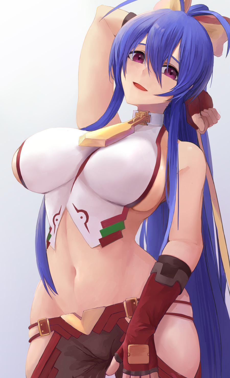 1girl antenna_hair armpits arms_behind_back arms_up backless_outfit black_pants blazblue blazblue:_central_fiction blazblue_variable_heart blue_hair blush bow breasts curvy fingerless_gloves from_side gloves hair_between_eyes hair_bow halter_top halterneck highres kaeru_(meriruou) large_breasts long_hair looking_at_viewer looking_to_the_side lowleg lowleg_pants mai_natsume midriff navel open_mouth pants pink_eyes revealing_clothes sideboob skindentation solo stomach very_long_hair wide_hips yellow_bow