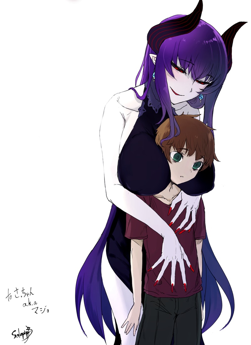 1boy 1girl age_difference between_breasts blush breasts brown_hair colored_skin commission copyright_request demon_girl earrings empty_eyes fingernails green_eyes head_between_breasts horns jewelry large_breasts leaning_forward long_hair nail_polish onee-shota parted_lips purple_hair red_nails red_shirt shirt signature simple_background skeb_commission smile solopipb very_long_hair white_background white_skin