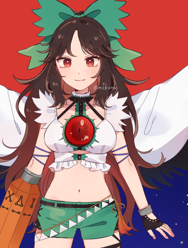 1girl alternate_costume arm_cannon bangs bird_wings black_gloves blush bow breasts brown_hair buttons cape center_frills closed_mouth collarbone control_rod cowboy_shot feathered_wings fingerless_gloves fingernails frills gloves green_bow green_shorts hair_bow large_breasts long_hair looking_at_viewer mozukuzu_(manukedori) navel red_background red_eyes reiuji_utsuho shiny shiny_hair shirt short_shorts shorts sidelocks sleeveless sleeveless_shirt smile solo standing stomach tank_top third_eye touhou twitter_username weapon white_cape white_tank_top wings