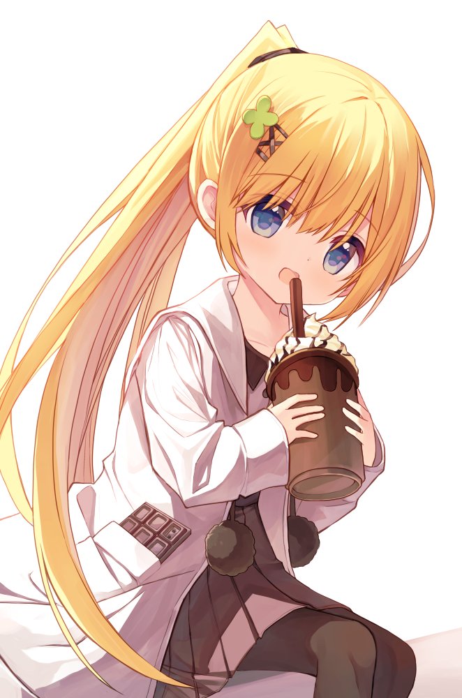 1girl :d bangs black_legwear blonde_hair blue_eyes blush brown_shirt brown_skirt candy chocolate chocolate_bar clover_hair_ornament collared_shirt commentary_request cup drinking_straw eyebrows_visible_through_hair feet_out_of_frame flower_girl_(yuuhagi_(amaretto-no-natsu)) food four-leaf_clover_hair_ornament hair_between_eyes hair_ornament hairclip holding holding_cup jacket long_hair looking_at_viewer open_clothes open_jacket original pantyhose pleated_skirt ponytail shirt skirt smile solo very_long_hair white_background white_jacket x_hair_ornament yuuhagi_(amaretto-no-natsu)