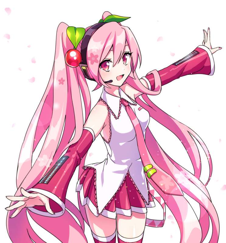 1girl :d akiyoshi_(tama-pete) cherry_blossom_print cherry_hair_ornament commentary detached_sleeves earphones floral_print food-themed_hair_ornament hair_ornament hands_up hatsune_miku long_hair miniskirt necktie outstretched_arms pink_eyes pink_hair pink_legwear pink_skirt pink_sleeves sakura_miku skirt smile solo twintails vocaloid