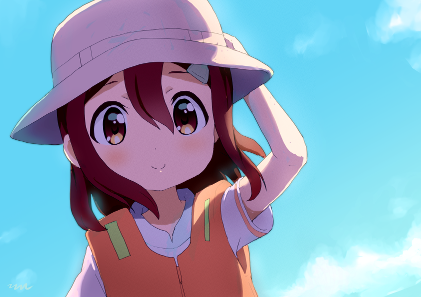 1girl aayh arm_up bangs blue_sky blush brown_eyes brown_hair brown_headwear closed_mouth clouds commentary_request day eyebrows_visible_through_hair fukumoto_futaba hair_between_eyes hair_ornament hairclip hand_on_headwear hat life_vest long_hair looking_at_viewer outdoors shirt short_sleeves signature sky slow_loop smile solo upper_body white_shirt