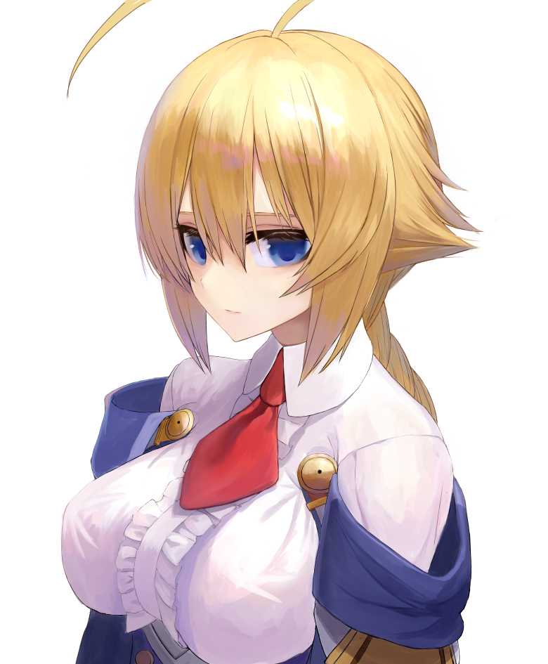 1girl ahoge bangs belt black_legwear blazblue blazblue:_central_fiction blonde_hair blue_eyes braid braided_ponytail breasts buttons center_frills closed_mouth es_(xblaze) expressionless frills hair_between_eyes huge_ahoge kaeru_(meriruou) large_breasts looking_at_viewer looking_to_the_side necktie oppai_loli petticoat red_necktie simple_background single_braid solo upper_body white_background xblaze