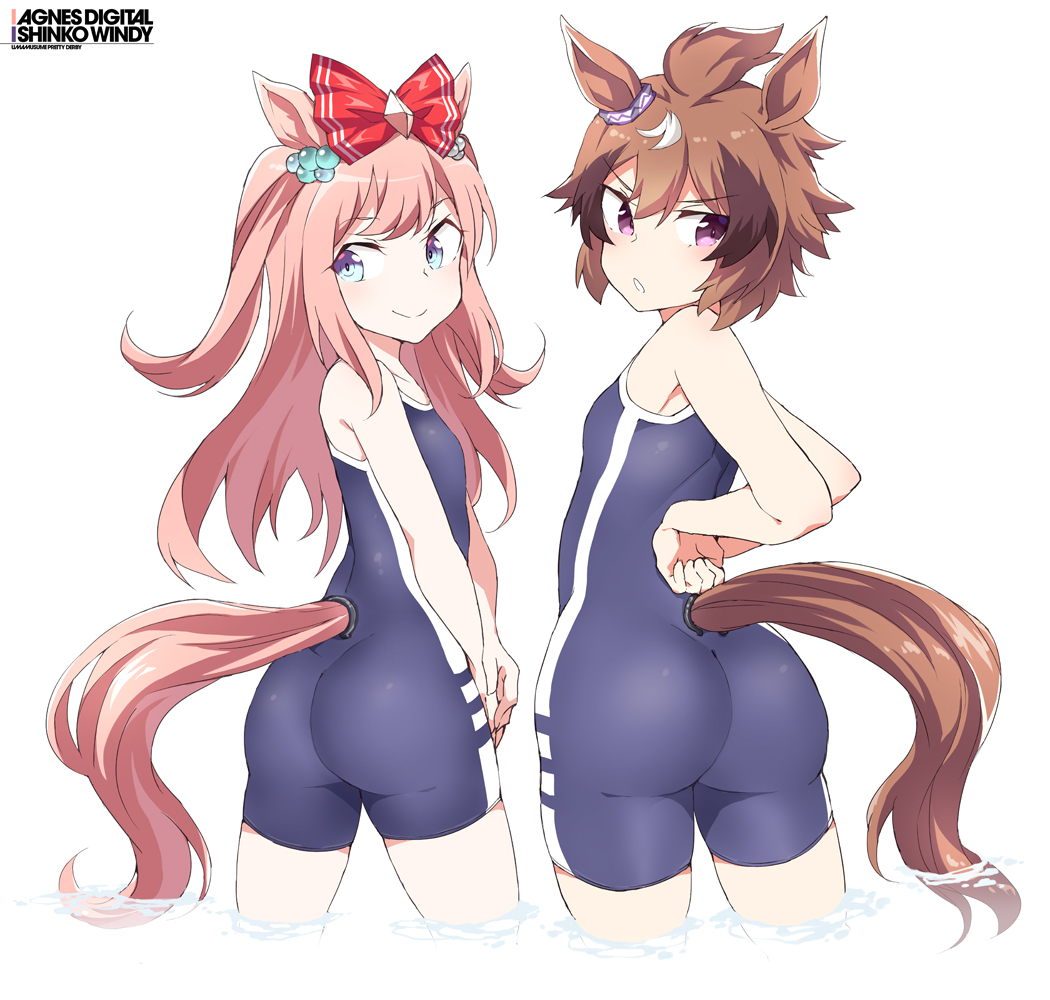 2girls agnes_digital_(umamusume) animal_ears ass blue_eyes bow brown_hair character_name competition_school_swimsuit from_behind hair_bow horse_ears horse_girl horse_tail long_hair looking_at_viewer looking_back multicolored_hair multiple_girls pink_hair red_bow school_swimsuit shigino_sohuzi shinko_windy_(umamusume) short_hair sidelocks swimsuit tail two_side_up umamusume violet_eyes white_hair