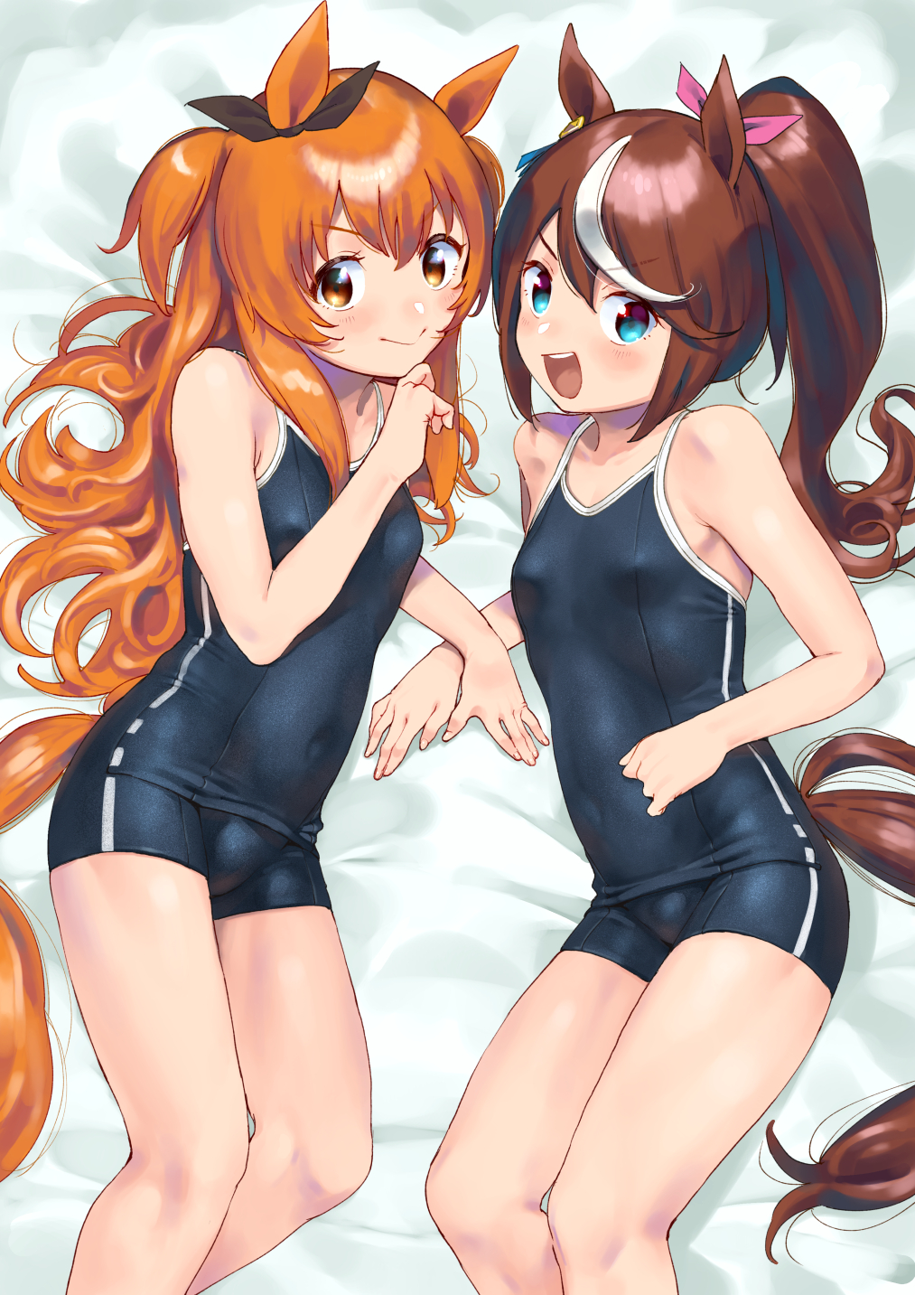2girls animal_ears bare_arms bare_legs bare_shoulders black_hair blue_eyes blue_swimsuit blush breasts brown_eyes brown_hair commentary_request competition_school_swimsuit covered_navel fang hair_ribbon highres horse_ears horse_girl horse_tail long_hair looking_at_viewer low-tied_long_hair lying mayano_top_gun_(umamusume) multicolored_hair multiple_girls on_side one-piece_swimsuit open_mouth orange_hair ponytail ribbon school_swimsuit shiden_(sashimi_no_wife) shiny shiny_clothes small_breasts smile swimsuit tail tokai_teio_(umamusume) twintails umamusume very_long_hair