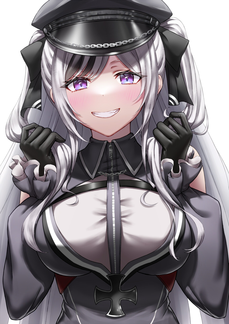 1girl azur_lane bangs black_gloves black_headwear blush breasts cross elbe_(azur_lane) eyebrows_visible_through_hair gloves hair_ribbon hands_in_hair highres iron_cross large_breasts long_hair looking_at_viewer naga_(pixiv70891418) open_mouth ribbon silver_hair smile solo teeth twintails upper_body violet_eyes white_background