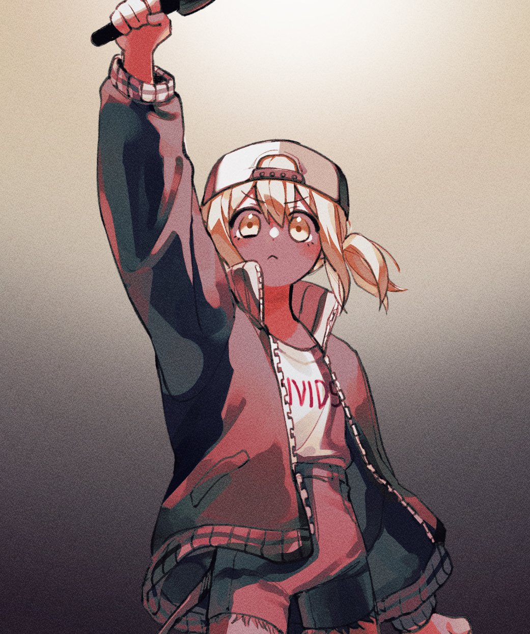 1girl :&lt; azusawa_kohane backwards_hat baseball_cap black_shirt black_shorts blonde_hair bumgae commentary_request gradient gradient_background hand_up hat high-waist_pants highres holding holding_microphone korean_commentary long_sleeves looking_at_viewer microphone project_sekai serious shirt shirt_tucked_in short_twintails shorts solo twintails v-shaped_eyebrows white_shirt yellow_eyes zipper
