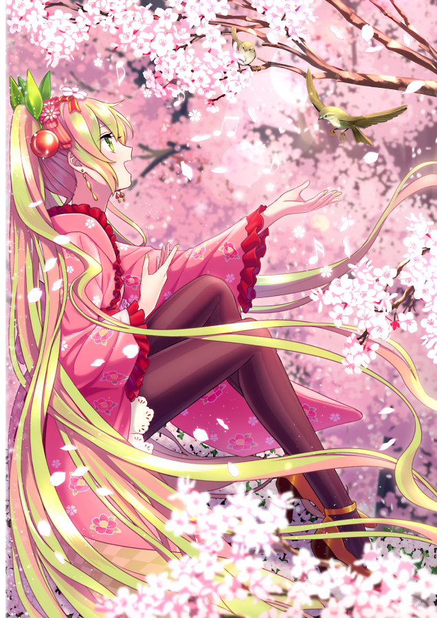 1girl akiyoshi_(tama-pete) alternate_costume bird cherry_blossoms cherry_hair_ornament commentary food-themed_hair_ornament frilled_sleeves frills from_side green_eyes green_hair hair_ornament hatsune_miku japanese_clothes leggings multicolored_hair pink_hair sakura_miku sitting solo twintails vocaloid