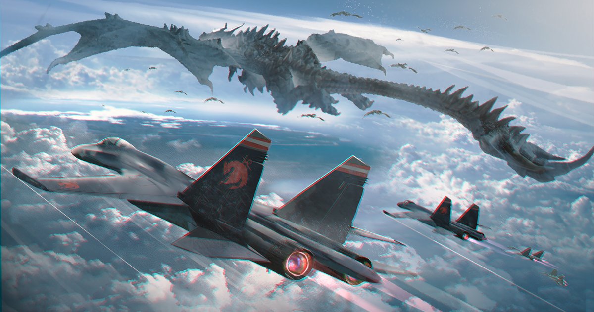 above_clouds clouds commentary dragon emblem f-15_eagle fantasy horizon no_humans original outdoors swav