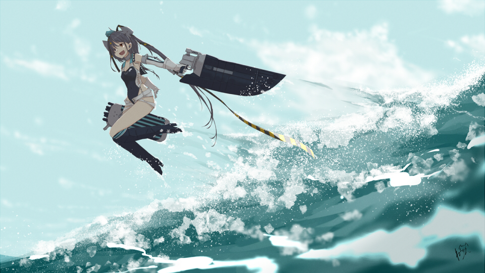 1girl aqua_headwear black_ribbon black_swimsuit competition_swimsuit garrison_cap gloves grey_hair hair_ornament hair_ribbon hat headgear highleg highleg_swimsuit jumping kantai_collection long_hair multicolored_clothes multicolored_swimsuit neve ocean one-piece_swimsuit outdoors ribbon rigging scamp_(kancolle) short_shorts shorts side_ponytail solo star_(symbol) star_hair_ornament swimsuit torpedo waves white_gloves white_shorts white_swimsuit