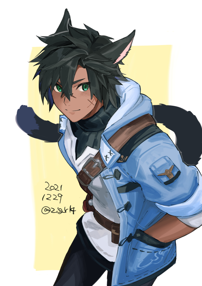 1boy animal_ears avatar_(ff14) bangs belt black_hair black_pants black_sweater black_tail blue_jacket border brown_belt buckle cat_ears cat_tail chest_belt closed_mouth commentary_request cowboy_shot crossed_bangs dark-skinned_male dark_skin final_fantasy final_fantasy_xiv green_eyes hair_between_eyes hands_in_pockets jacket leaning_forward looking_at_viewer making-of_available male_focus miqo'te mn_(zig_r14) open_clothes open_jacket outside_border pants ribbed_sweater scar scar_on_cheek scar_on_face shirt short_hair sleeves_rolled_up solo split_mouth sweater tail toned toned_male turtleneck turtleneck_sweater twitter_username v-shaped_eyebrows white_border white_shirt yellow_background