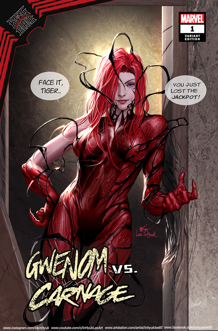 1girl breasts carnage_(marvel) claws closed_mouth english_text evil_smile green_eyes hand_on_hip highres in-hyuk_lee large_breasts long_hair looking_at_viewer marvel mary_jane_watson red_lips redhead smile solo speech_bubble spider-man_(series) symbiote web_address western_comics