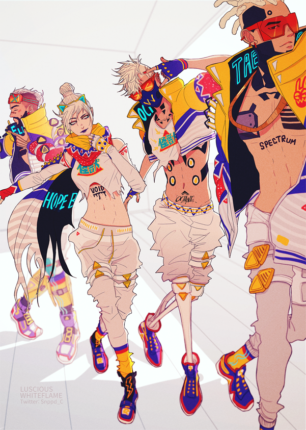 1girl 3boys adapted_costume apex_legends black_lips blonde_hair blue_footwear breasts cornrows cropped_jacket crypto_(apex_legends) elbow_gloves fingerless_gloves gloves goggles goggles_on_head hair_bun hand_in_pocket hype_beast_crypto kaori_tanaka lit_witt_mirage mask medium_breasts midriff mirage_(apex_legends) mouth_mask multiple_boys navel octane_(apex_legends) official_alternate_costume pants scarf shirt shoes smile sneakers sunglasses symbol-only_commentary tied_hair torn_clothes torn_shirt white_eyes white_gloves white_hair white_pants white_shirt wraith_(apex_legends)