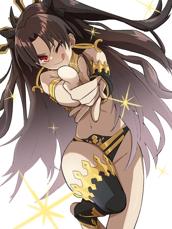 1girl armlet bangs bikini black_hair black_legwear bracelet breasts detached_sleeves earrings fate/grand_order fate_(series) gold_trim hair_ribbon hamao_1 hoop_earrings ishtar_(fate) jewelry long_hair looking_at_viewer medium_breasts mismatched_bikini neck_ring one_eye_closed parted_bangs pointing pointing_at_viewer red_eyes ribbon single_detached_sleeve single_thighhigh smile solo sparkle swimsuit thigh-highs thighlet thighs tiara two_side_up