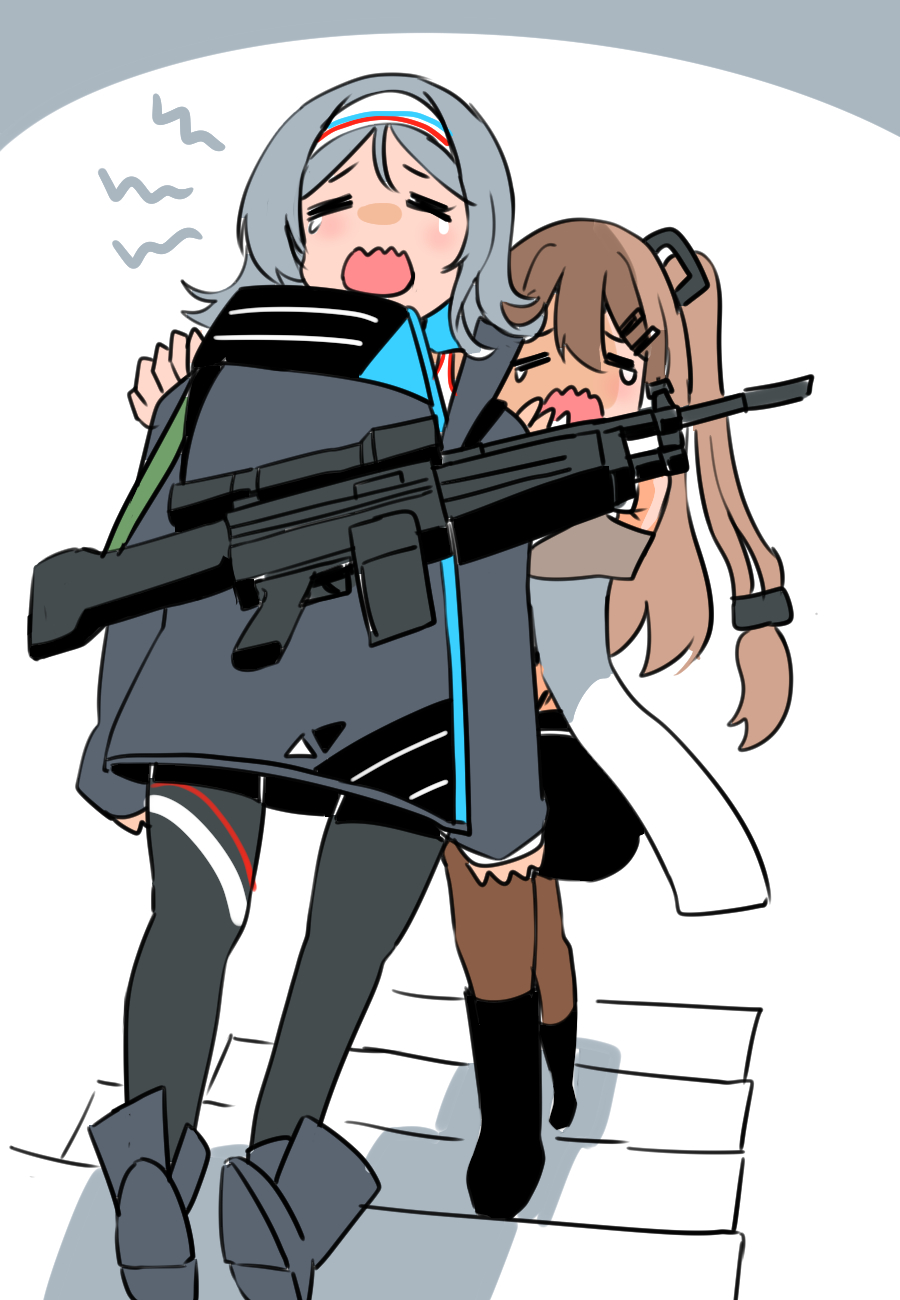 2girls =_= boots capoki crying daewoo_k3 girls_frontline gun hair_ornament hairband hairclip highres human_shield k2_(girls'_frontline) k3_(girls'_frontline) long_hair multiple_girls one_side_up pushing shoes stairs tears walking wavy_mouth weapon