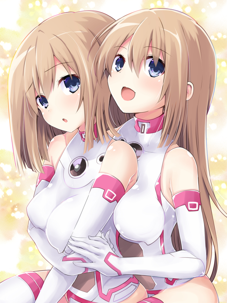 2girls :d alternate_breast_size arm_under_breasts bare_shoulders between_breasts blue_eyes blush boots breast_rest breasts brown_hair commentary_request elbow_gloves gloves hair_between_eyes happy holding_hands hug hug_from_behind iwashi_dorobou_-r- leotard long_hair looking_at_viewer medium_breasts medium_hair multiple_girls neptune_(series) open_mouth ram_(neptune_series) rom_(neptune_series) siblings sisters skin_tight skindentation smile thigh-highs thigh_boots twins very_long_hair white_gloves white_leotard white_sister_ram white_sister_rom