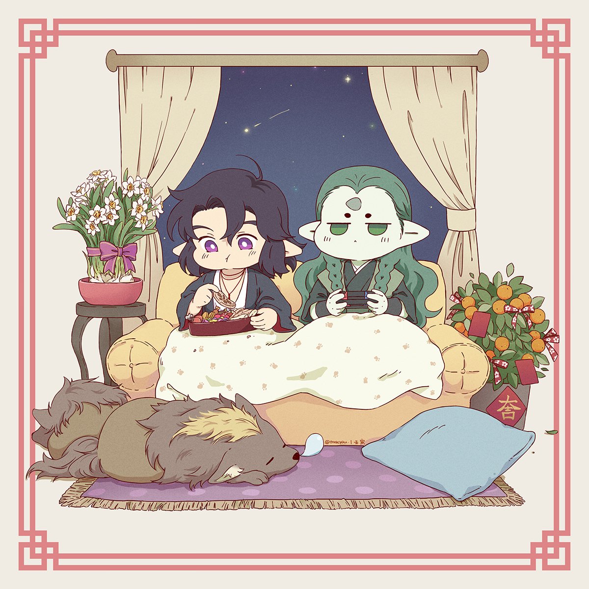 2boys black_hair bright_pupils couch curtains diting_(the_legend_of_luoxiaohei) eating flower food fruit green_eyes green_hair highres horns lanxi_zhen mokyau030 multiple_boys orange_(fruit) pillow plant pointy_ears potted_plant rug shooting_star single_horn the_legend_of_luo_xiaohei violet_eyes white_flower white_pupils window xuan_li_(the_legend_of_luoxiaohei)