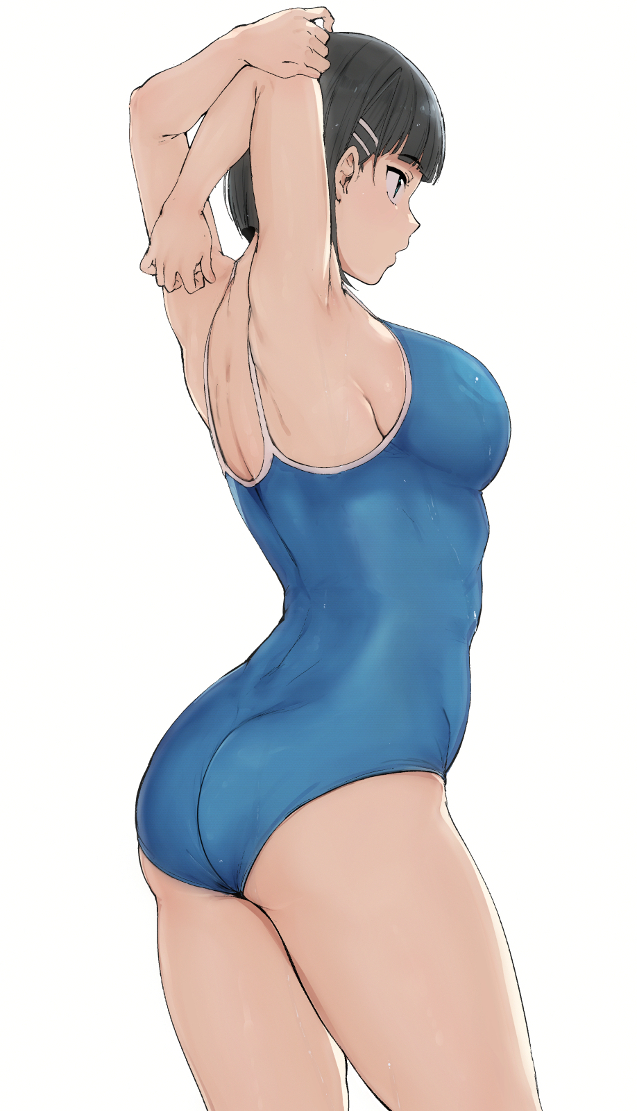 1girl alp armpits arms_up ass bangs black_hair blue_eyes blue_swimsuit breasts check_copyright commentary_request competition_swimsuit copyright_request hair_ornament hairclip highres large_breasts one-piece_swimsuit original short_hair simple_background solo swimsuit thighs white_background