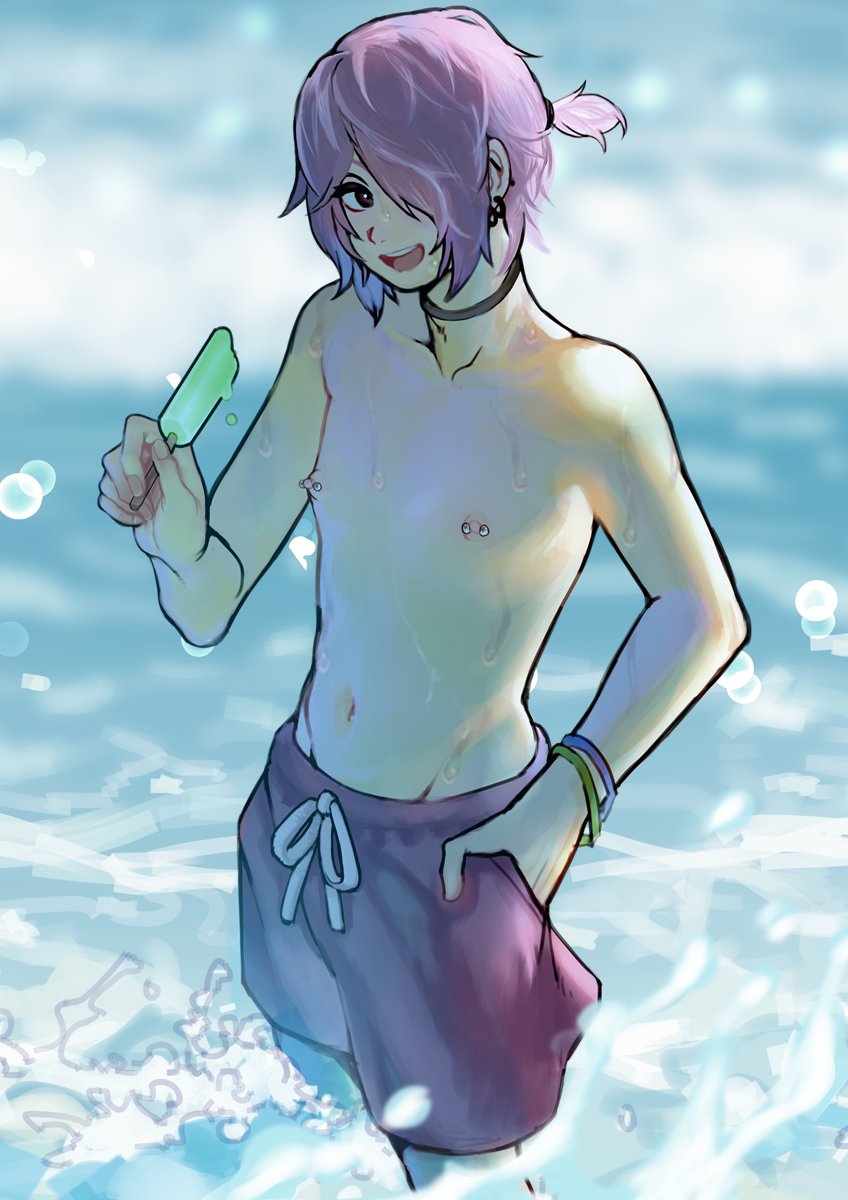 2boys 2n5 androgynous bracelet food hand_in_pocket highres holding jewelry male_focus multiple_boys navel nipple_piercing nipples original partially_submerged piercing ponytail popsicle purple_hair shorts topless_male water wet