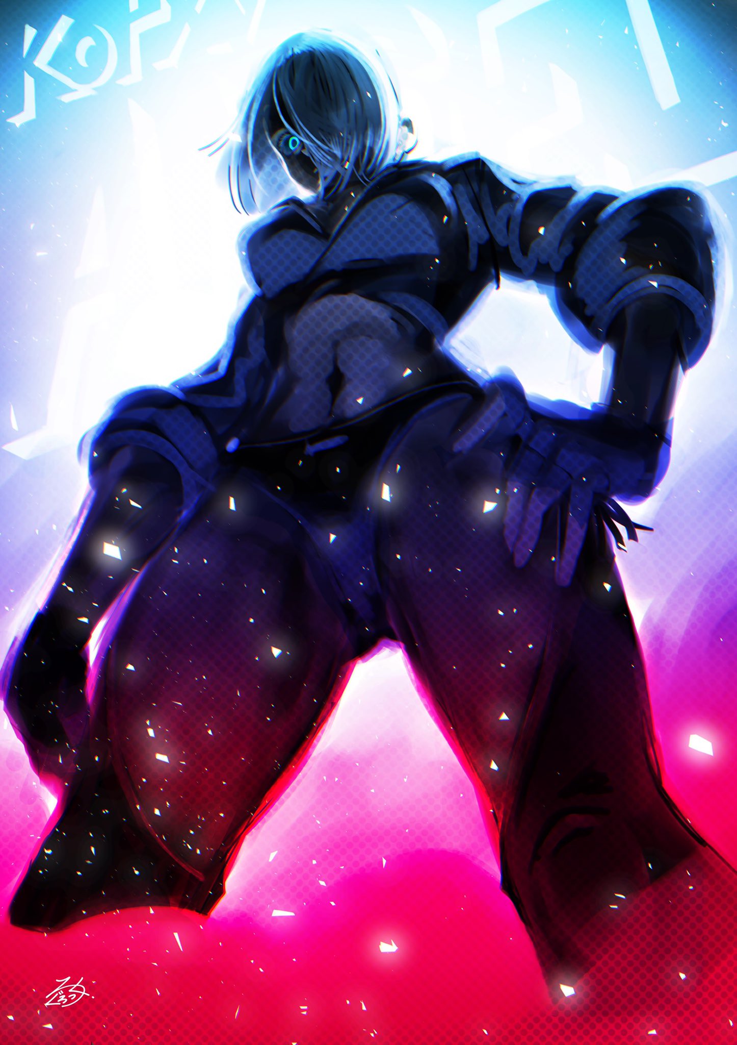 1girl abs angel_(kof) bangs blue_eyes breasts chaps cropped_jacket fingerless_gloves from_below gloves hair_over_one_eye hand_on_hip highres jacket large_breasts leather leather_jacket lights looking_at_viewer looking_down navel revealing_clothes rog_rockbe short_hair smoke snk solo stage_lights standing the_king_of_fighters the_king_of_fighters_xiv the_king_of_fighters_xv toned underwear white_hair wrestling wrestling_ring
