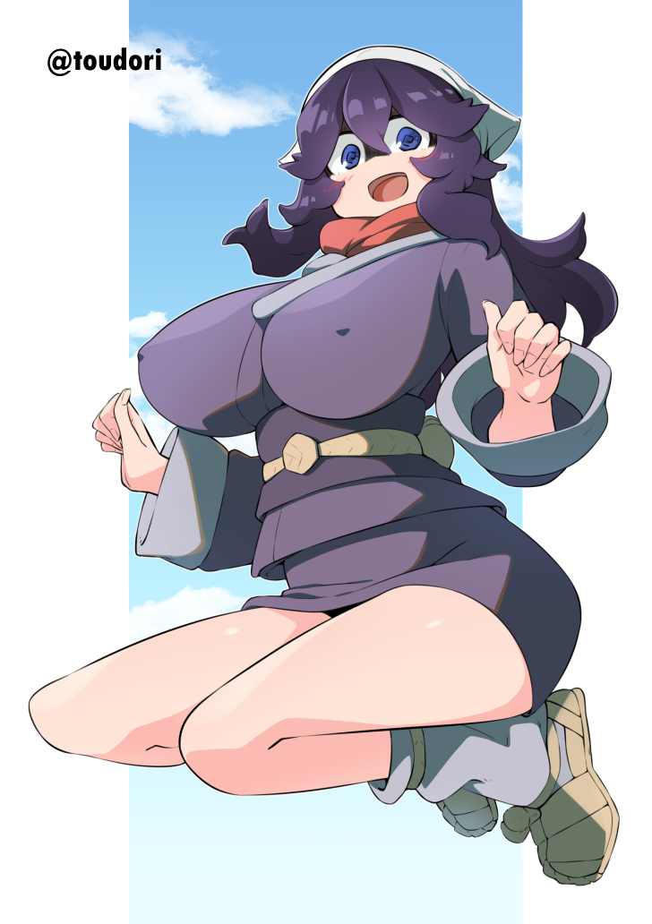 1girl @_@ breasts covered_nipples english_text floating_scarf galaxy_expedition_team_survey_corps_uniform head_scarf hex_maniac_(pokemon) huge_breasts messy_hair no_bra open_mouth pokemon pokemon_(game) pokemon_legends:_arceus scarf signature solo toudori