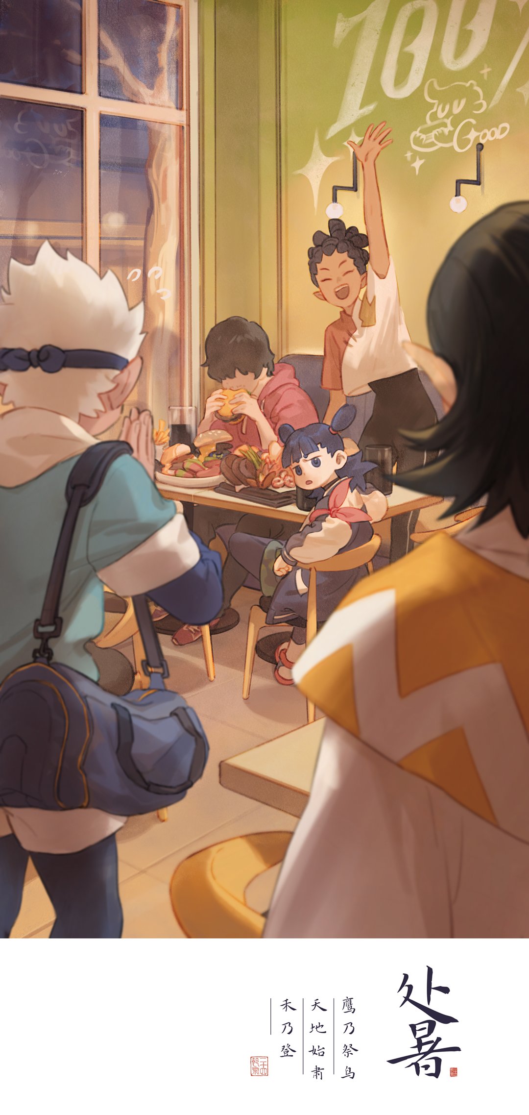 1girl 4boys arm_up bag bean_mr12 black_hair burger chair character_request closed_eyes da_shuang_(the_legend_of_luoxiaohei) double_bun drawstring food from_behind guan_xuan_(the_legend_of_luoxiaohei) hair_over_eyes highres holding holding_food hood hood_down hoodie long_sleeves multiple_boys nezha_(the_legend_of_luoxiaohei) official_art open_mouth pink_hoodie second-party_source short_sleeves shoulder_bag sitting smile table the_legend_of_luo_xiaohei white_hair yi_feng_(the_legend_of_luoxiaohei)